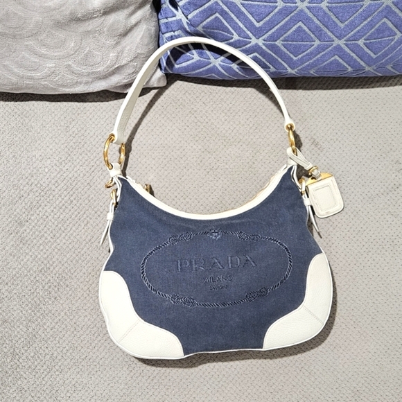 PRADA Denim Saffiano Leather Borse Bag Vintage Handbag - Picture 1 of 13